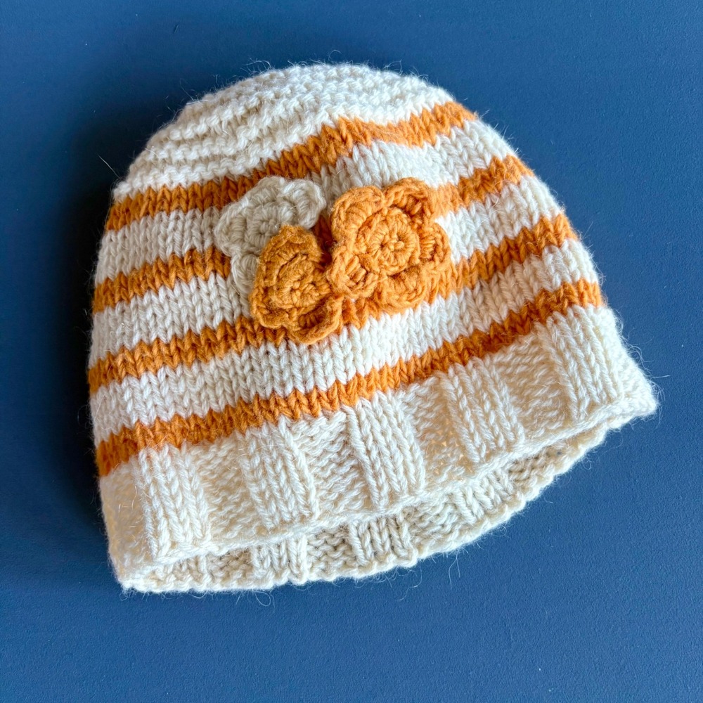 Maridiana Alpaca Mohair Wool Beanie Hat | Orange Cream Floral | Made Italy